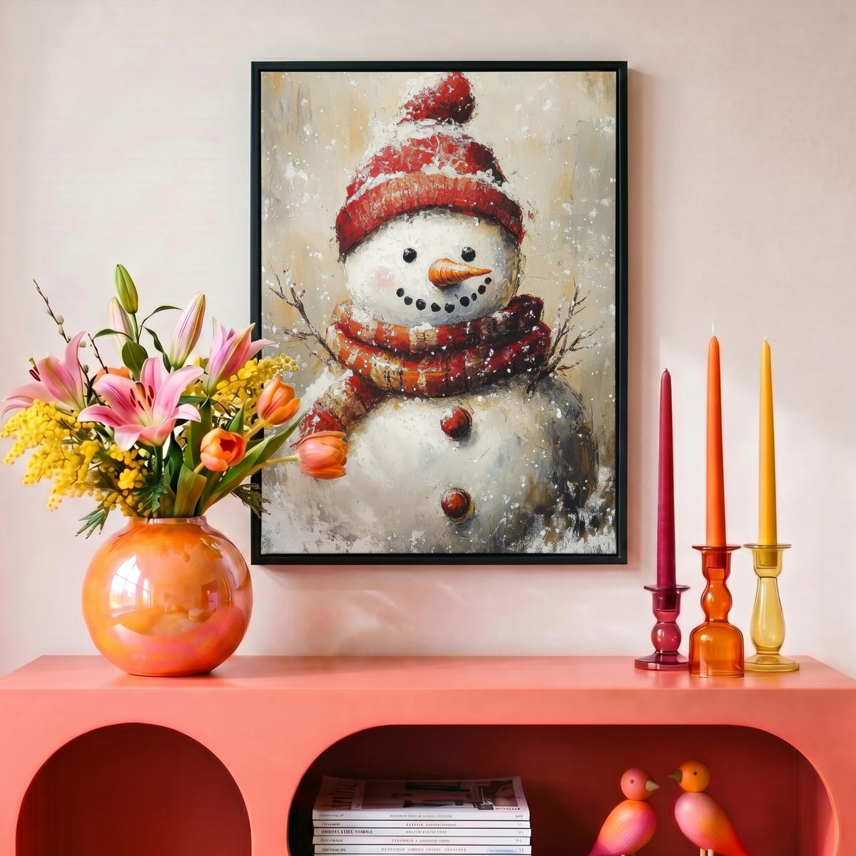 LEINWAND Bilder mit Rahmen - Schneemann - Winter - Schnee - Beige - 30x40 - Weiß, Textil (30/40cm) - MuchoWow