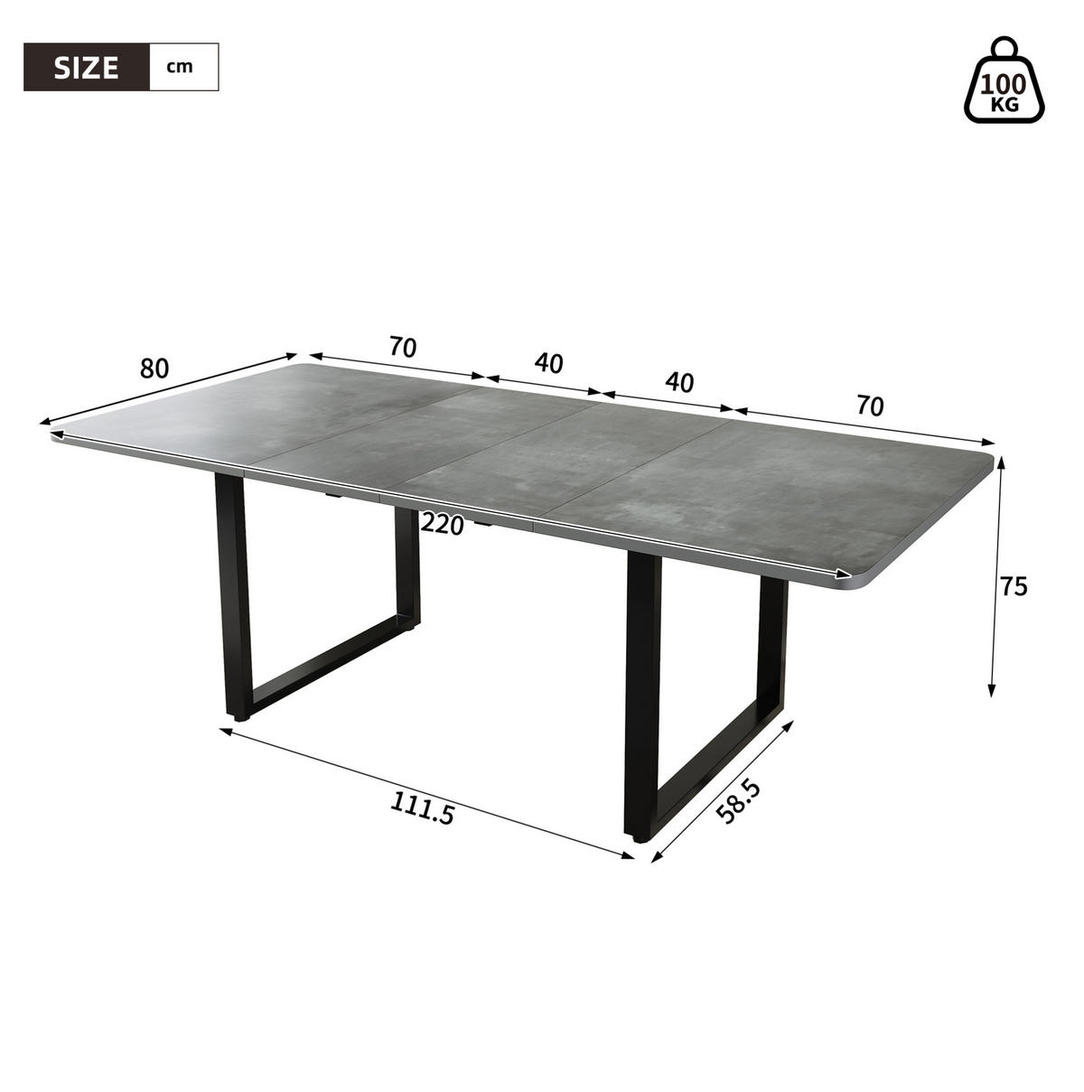 ESSTISCH ausziehbar 140-220 x 80 cm Grau MDF - Grau, Metall (220/80/75cm) - Meubliv