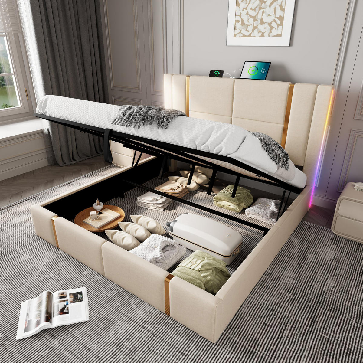 POLSTERBETT 180/200 cm mit Bettkasten, LED & USB/Typ-C am Kopfteil, Lattenrost,Beige - Beige, Textil (180/200cm) - Redom