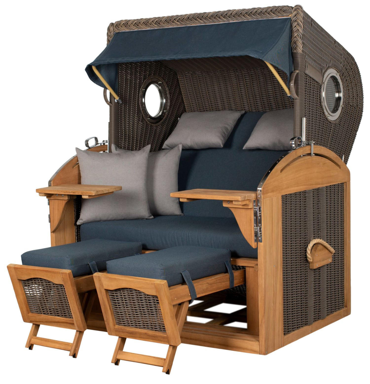 STRANDKORB Komplettset: Borkum XL Teak Bullauge - PE grau - Modell 593 - Grau, Holz/Kunststoff (142/170/95cm) - bene living