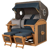 STRANDKORB Komplettset: Borkum XL Teak Bullauge - PE grau - Modell 593 - Grau, Holz/Kunststoff (142/170/95cm) - bene living