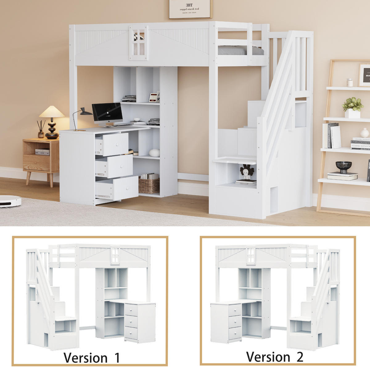 HOCHBETT 90/200 cm aus Massivholz mit Schreibtisch, Weiß - Weiß, Holz (90/200cm) - OKMYHOME