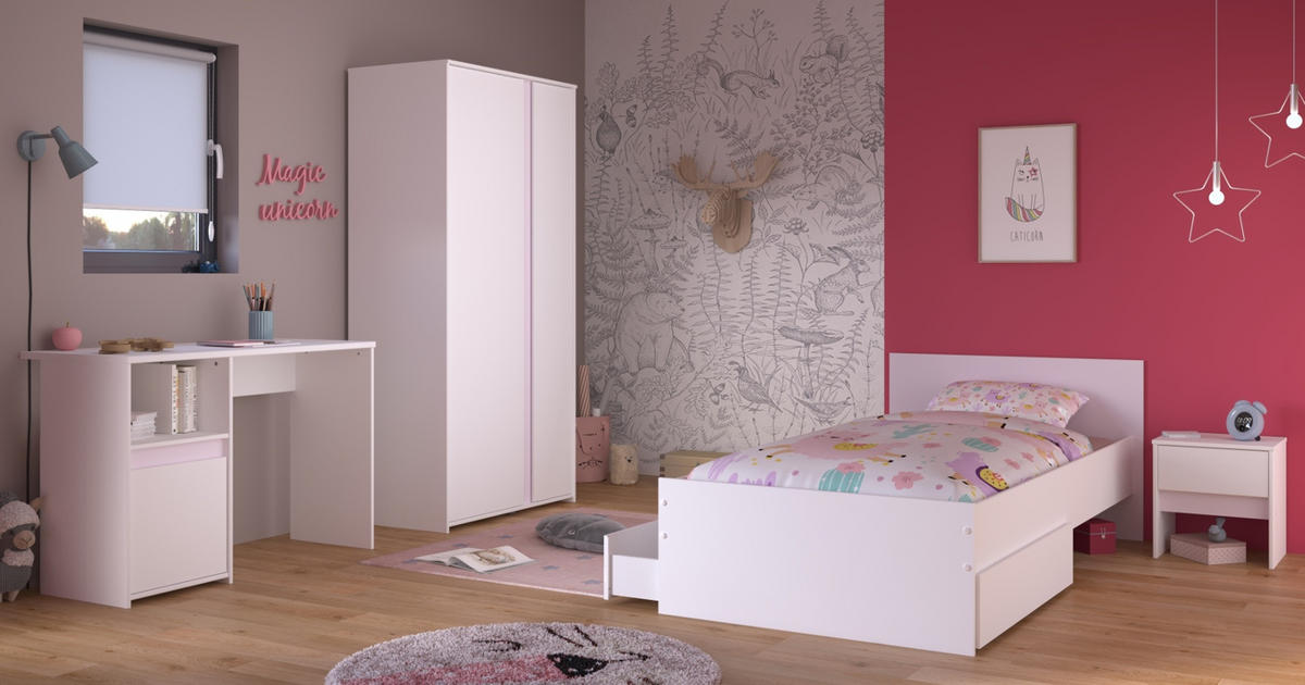 KINDERZIMMER weiß, grau oder rosa, Komplett-Set 4-teilig mit Kleiderschrank, Schreibtisch, Bett 90x200 - Weiß, Holzwerkstoff (100/182/203cm) - Parisot Meuble