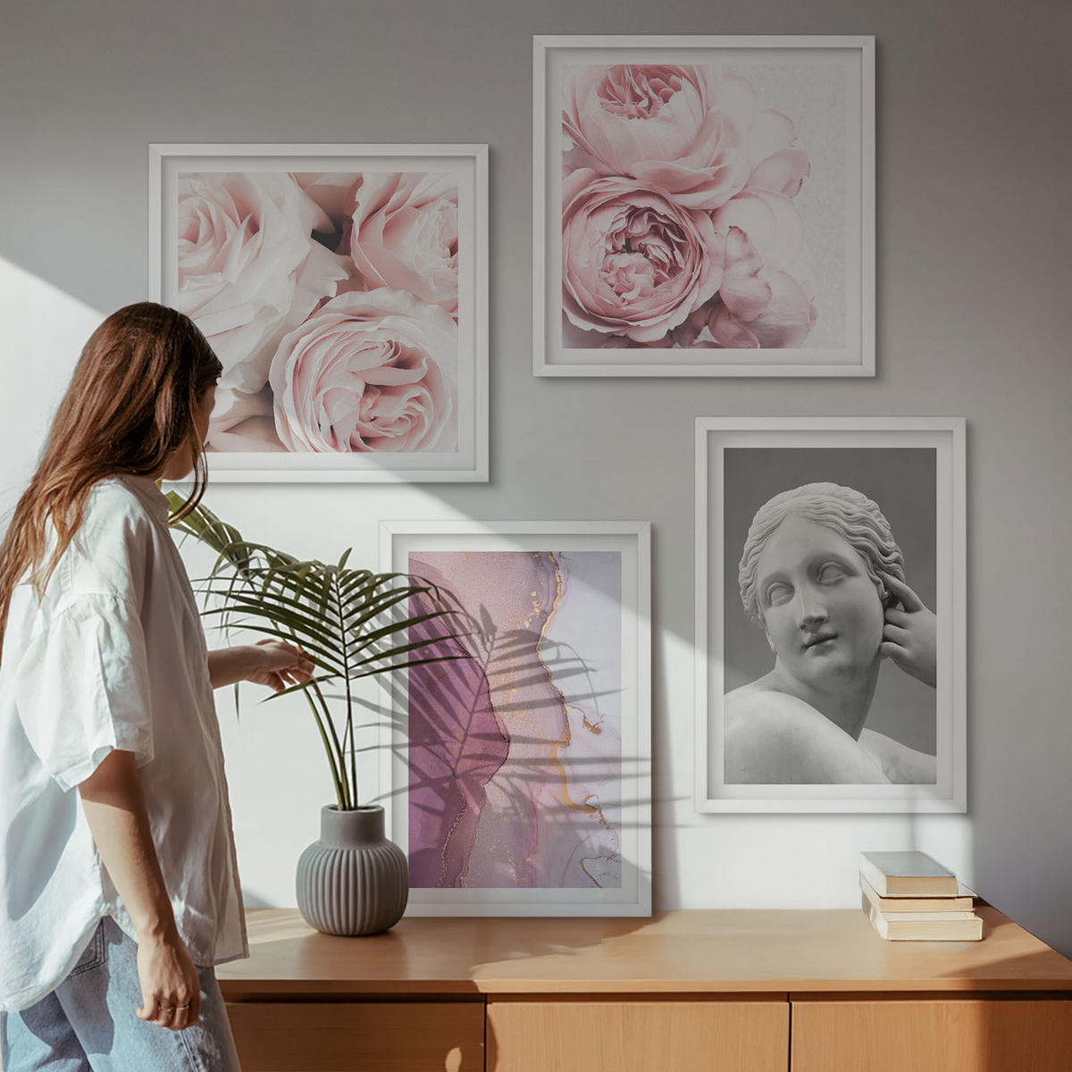 BILDER SET 4er Set - 50x50 cm & 40x60 cm Weißer Rahmen - Pfingstrosenskulptur einer Frau - Weiß, Kunststoff (50/50cm) - TULUP