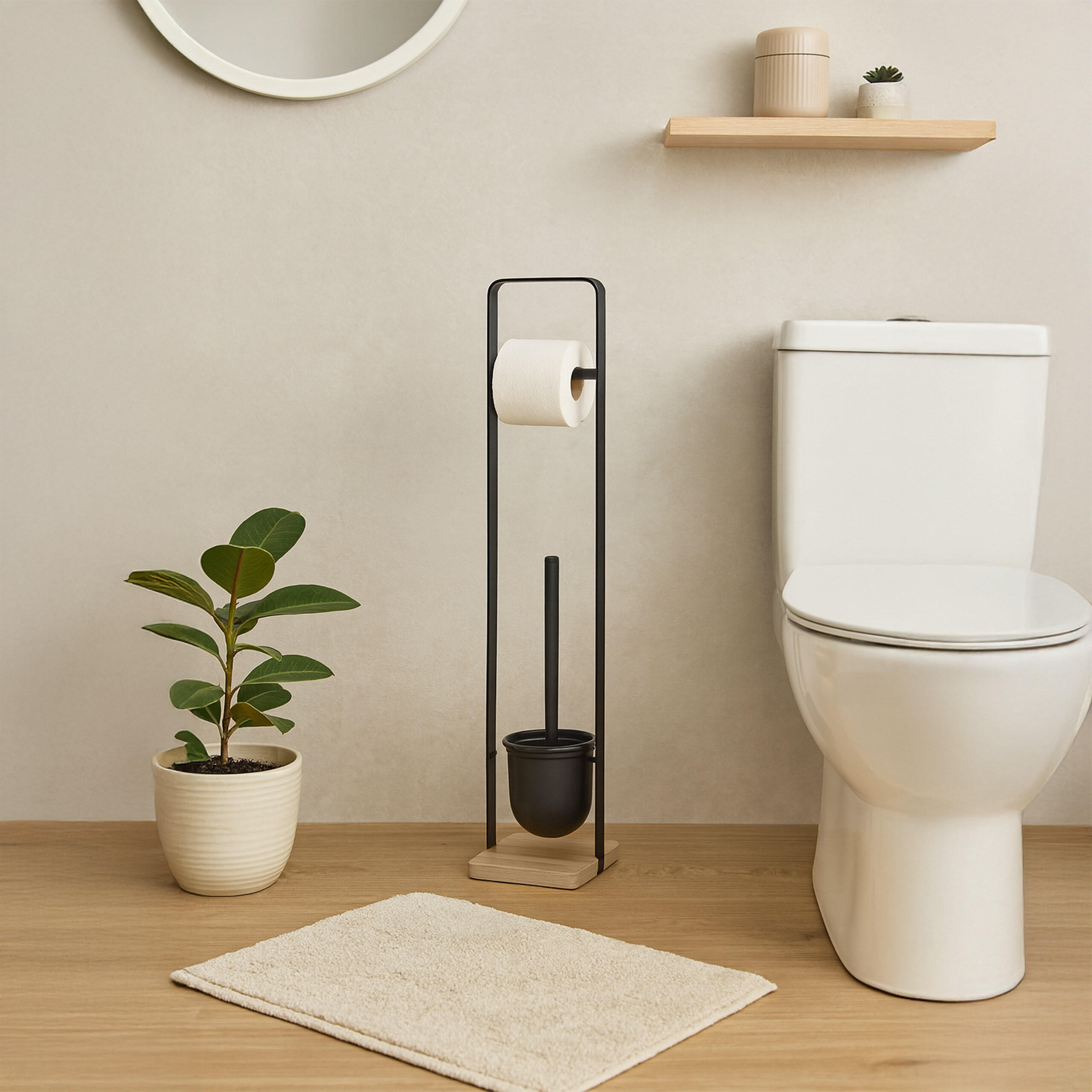 Thumbnail - Relaxdays Wc-Garnitur, Schwarz, Metall, Holz, Kunststoff, Quadratisch, 15x72.5x14.5 cm, Badezimmer, WC Ausstattung, WC B...