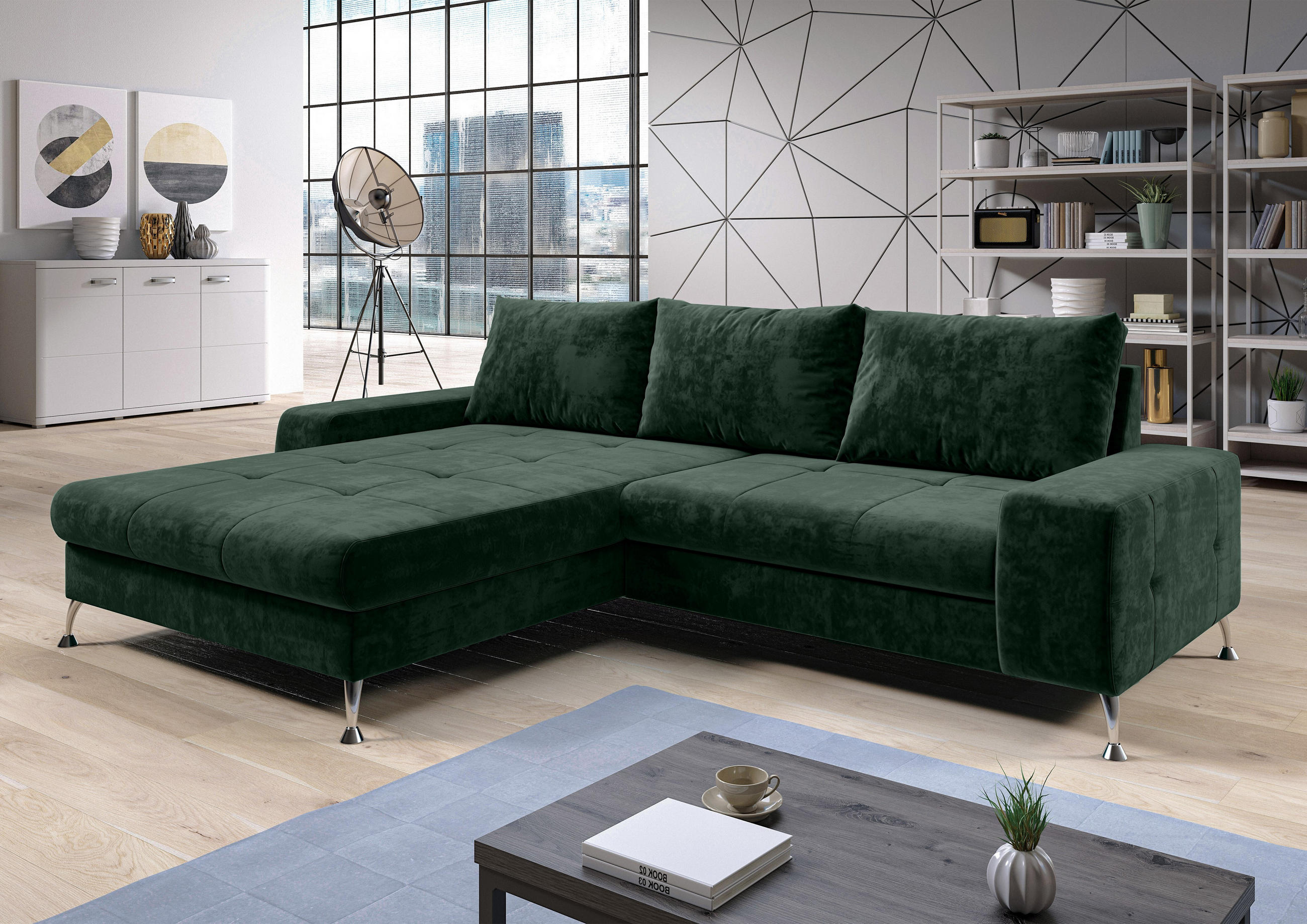 ECKSOFA L Form Artemia Grün Samt 275/210/81 cm – modernes Sofa fürs Wohnzimmer L - Silberfarben/Grün, Textil/Metall (210/275cm) - AX Living