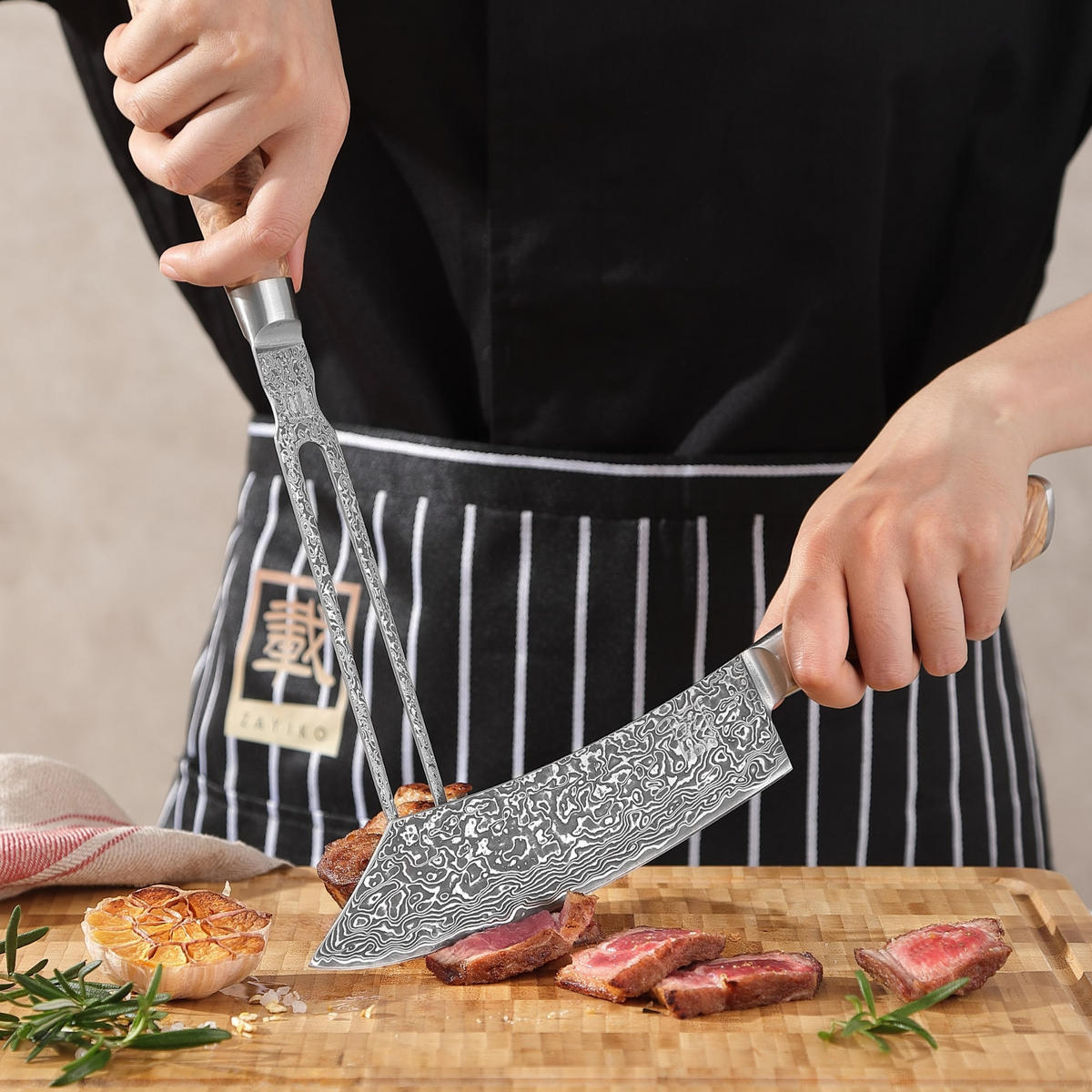 TRANCHIER-SET 2-TEILIG 18–19,5 cm - Birkefarben, Holz/Metall (34cm) - Zayiko