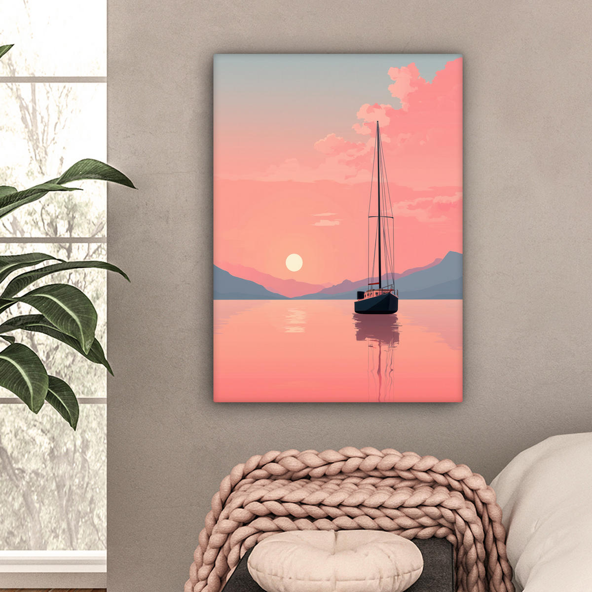 LEINWANDBILD Segelboot - Rosa Meer - Sonnenuntergang - Berge Wandbild Wohnzimmer 60x80 cm - Rosa, Textil (60/80cm) - MuchoWow