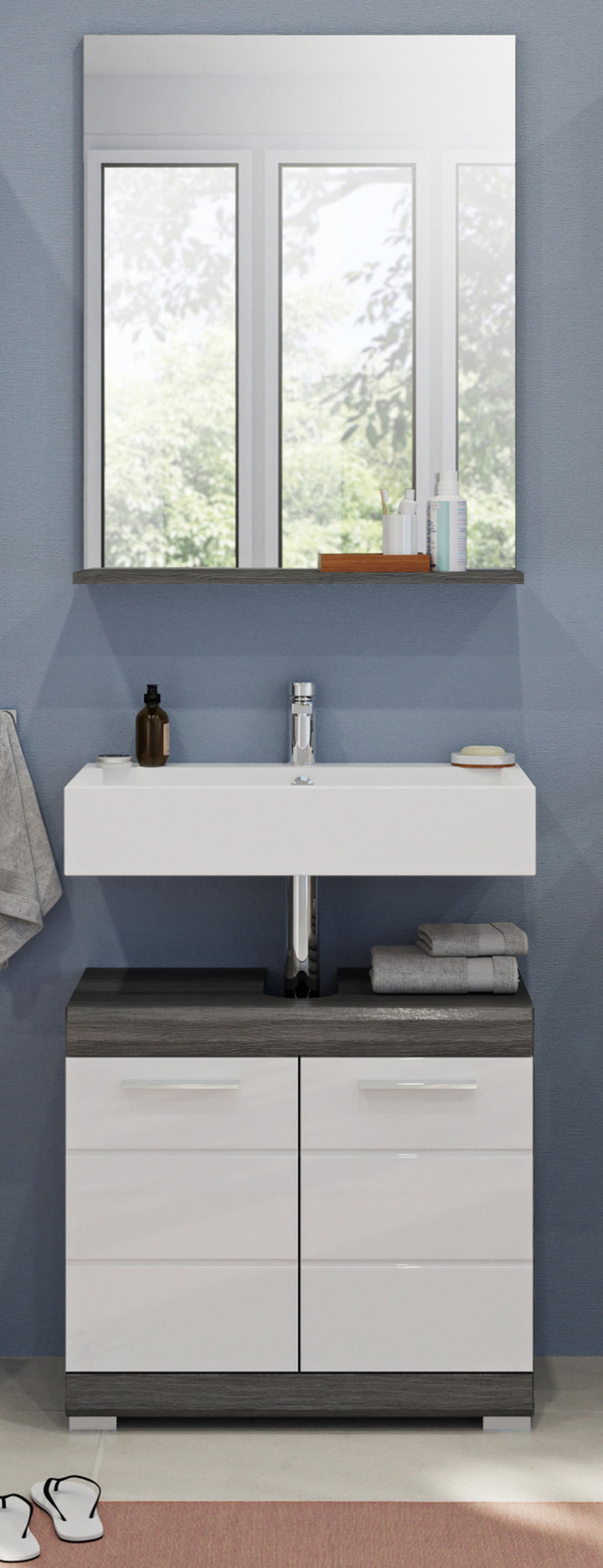BADMÖBEL-SET weiß Hochglanz, grau 2-teilig 60 cm, Badkombination mit Spiegel - Weiß Hochglanz/Grau, Glas/Holzwerkstoff (60/191/34cm) - Inn.Furn