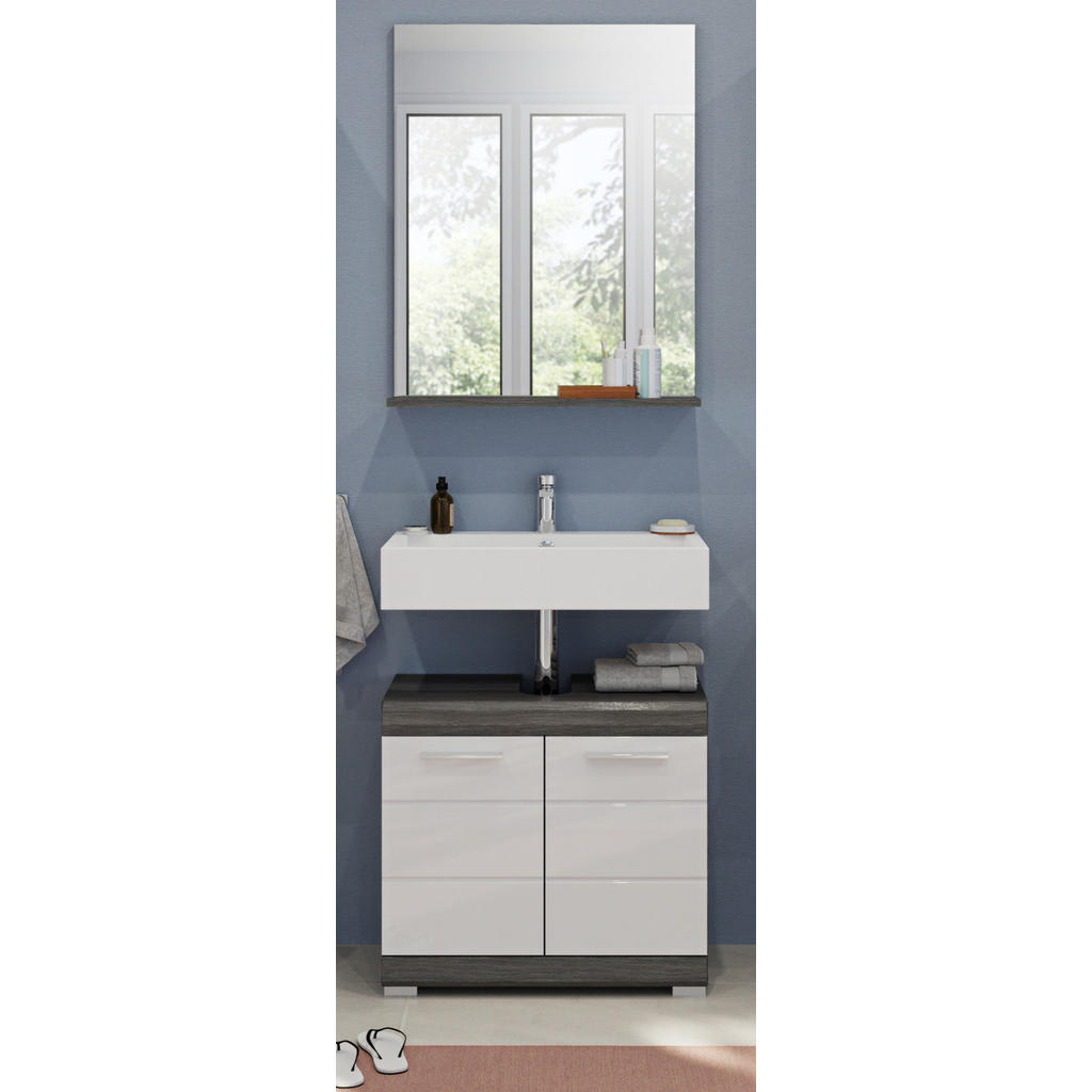 Thumbnail - Inn.Furn Badmöbel-Set, Weiß Hochglanz, Grau, Holzwerkstoff, Glas, Holz Optik, Rechteckig, 60x191x34 cm, FSC Mix, Badacce...