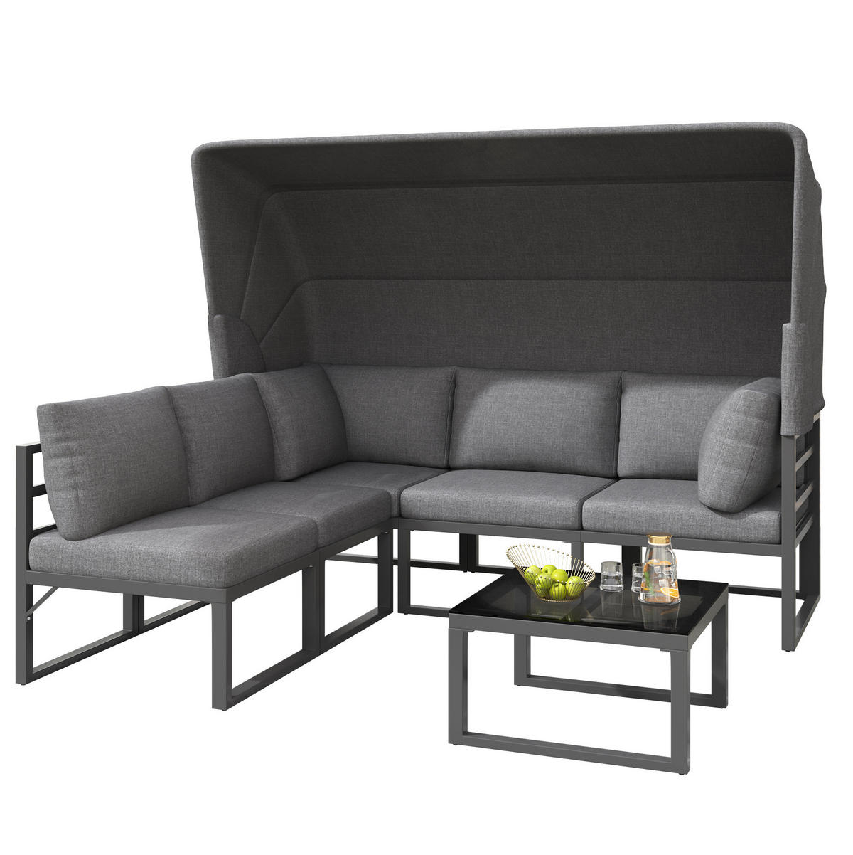 GARTENMÖBEL-SET 176/65/145 cm mit Sonnendach, 4-teilig, verzinktes Eisen und Glastisch, Grau - Grau, Metall - Redom