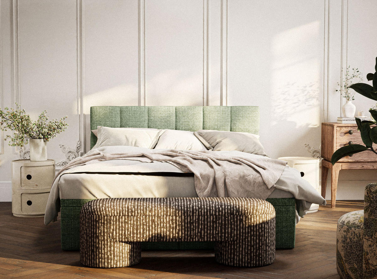 BOXBETT 140/200 cm Gotu S, in Grün, Matratze, gepolstertes Kopfteil, Bettkasten, H3 = fest - Schwarz/Grün, Holz/Holzwerkstoff (140/200cm) - Maison de Reve