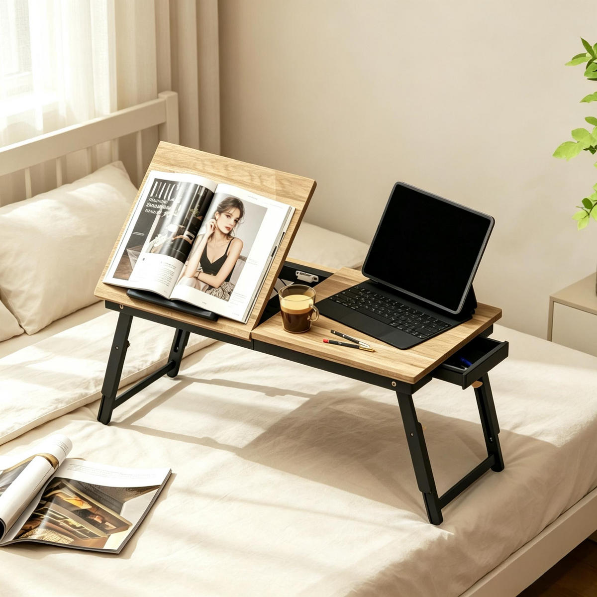 LAPTOPTISCH DE-37259 höhen- und neigbar mit Schublade Eiche/Schwarz - Eichefarben, Holzwerkstoff (83.5/33/34cm) - ComfortXL