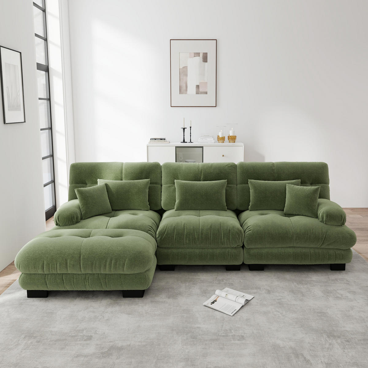 SOFA modular mit Ottomane Chenille Grün - Grün, Kunststoff (145/313.1cm) - Meubliv
