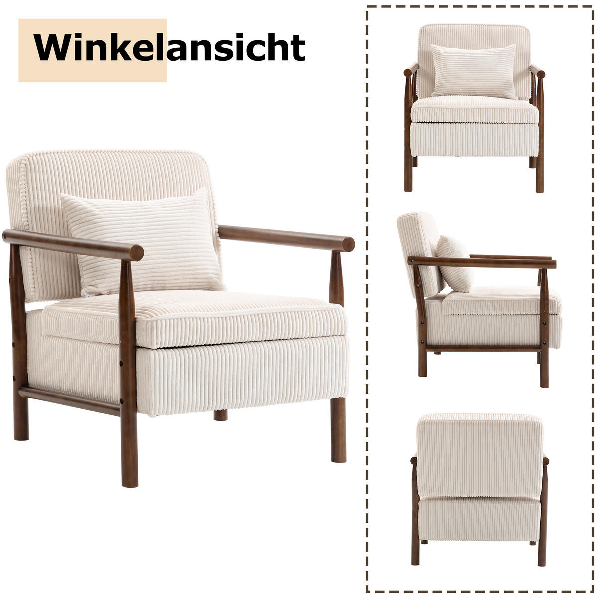 SESSEL Samt Weiß mit Stauraum und Kissen - Weiß, Holzwerkstoff/Textil (93/73/66cm) - WISHDOR
