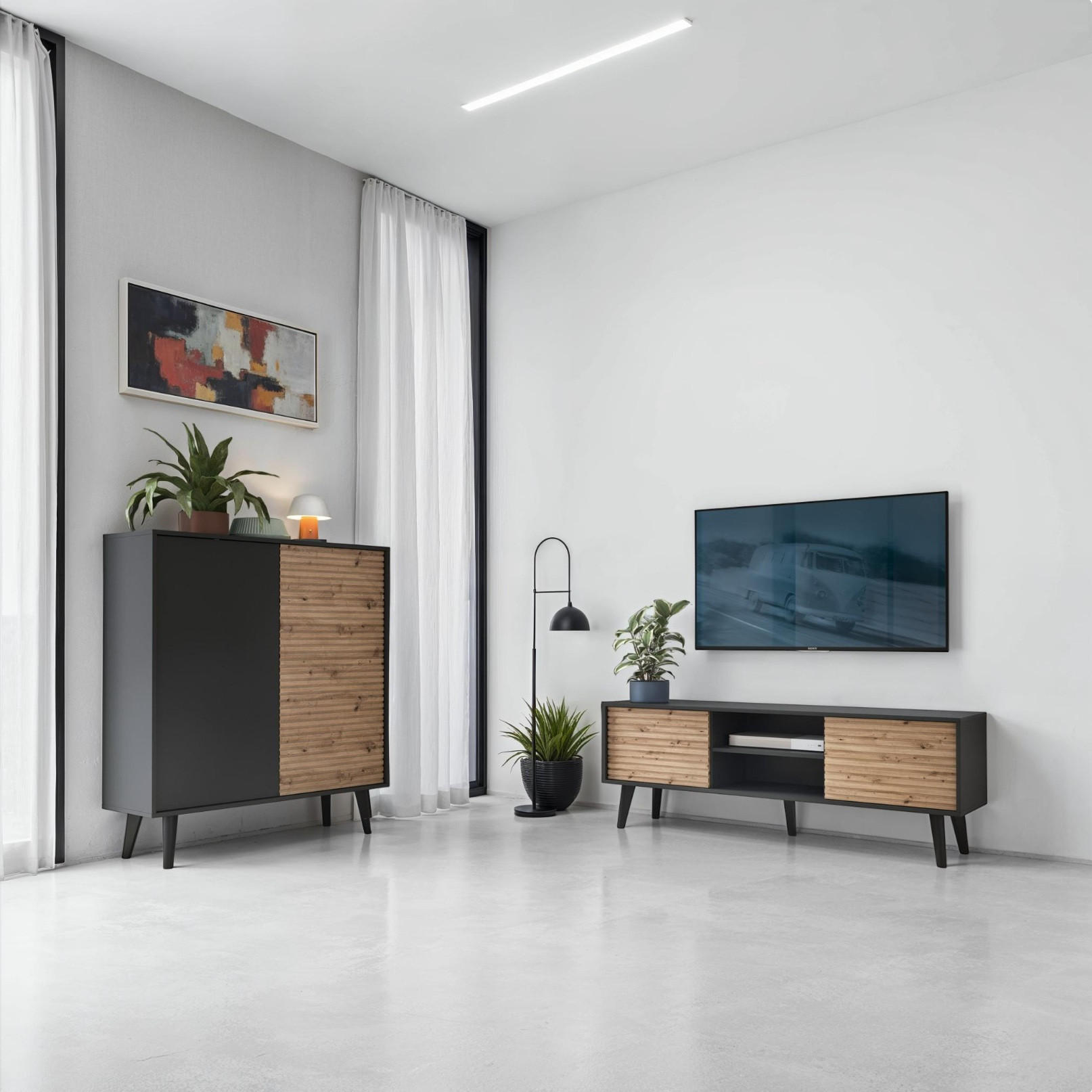 WOHNWAND Saskatoon 2, 2-er Set, Front MDF 18 mm Eiche Handwerker Schwarz - Schwarz, Glas/Holz (258/125/39cm) - Komodee