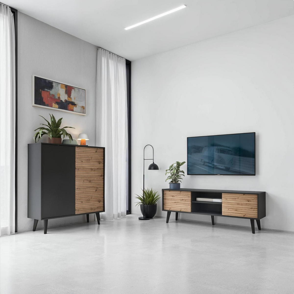 WOHNWAND Saskatoon 2, 2-er Set, Front MDF 18 mm Eiche Handwerker Schwarz - Schwarz, Glas/Holz (258/125/39cm) - Komodee