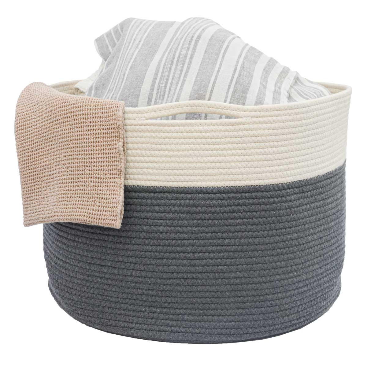 BAUMWOLL-WÄSCHEKORB 45 Liter Ø43x33 cm Grau - Weiß, Textil (43/33/43cm) - Dunedesign