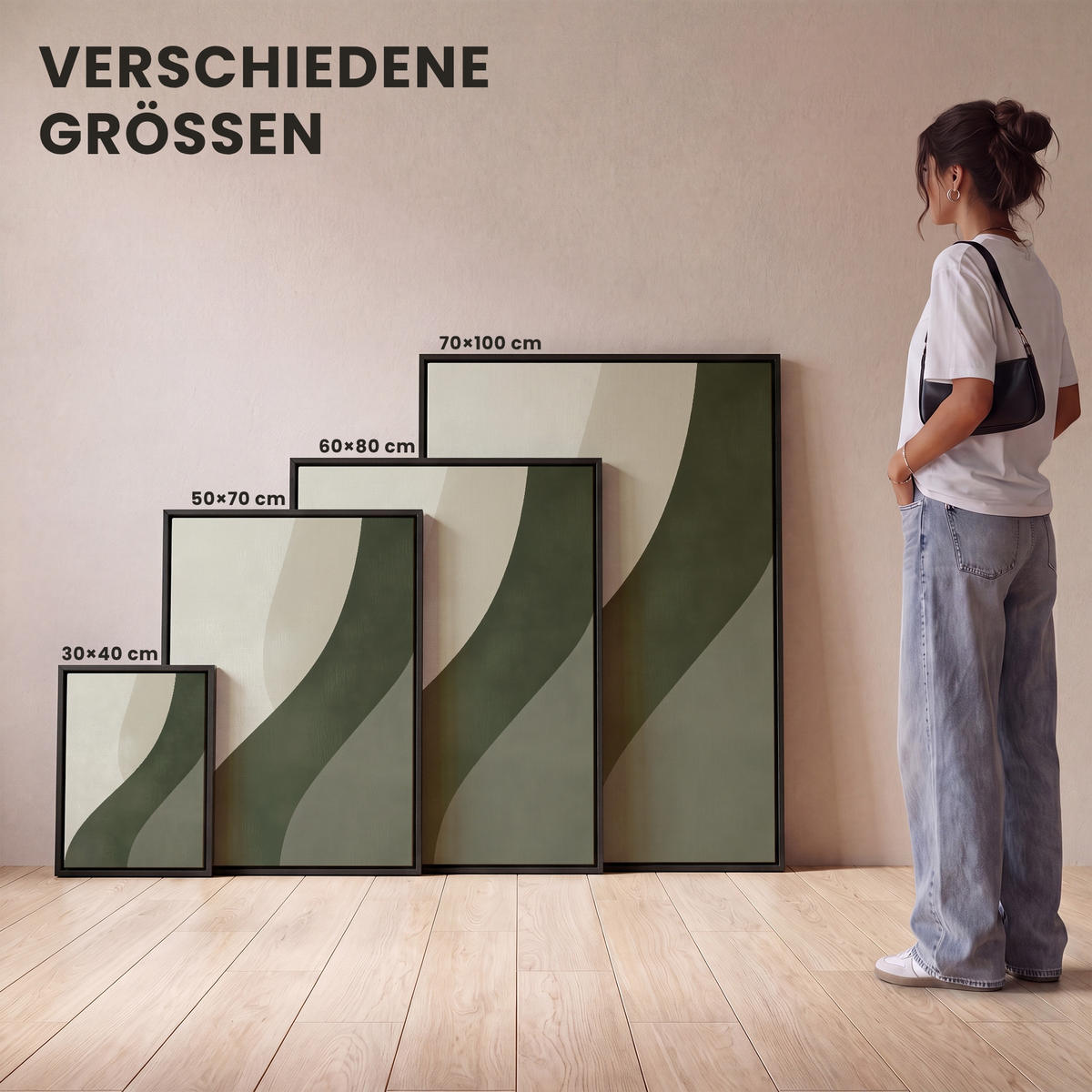 LEINWAND Bilder mit Rahmen - Japandi - Grün - Abstrakt - Modern - 50x70 - Salbeigrün, Textil (50/70cm) - MuchoWow