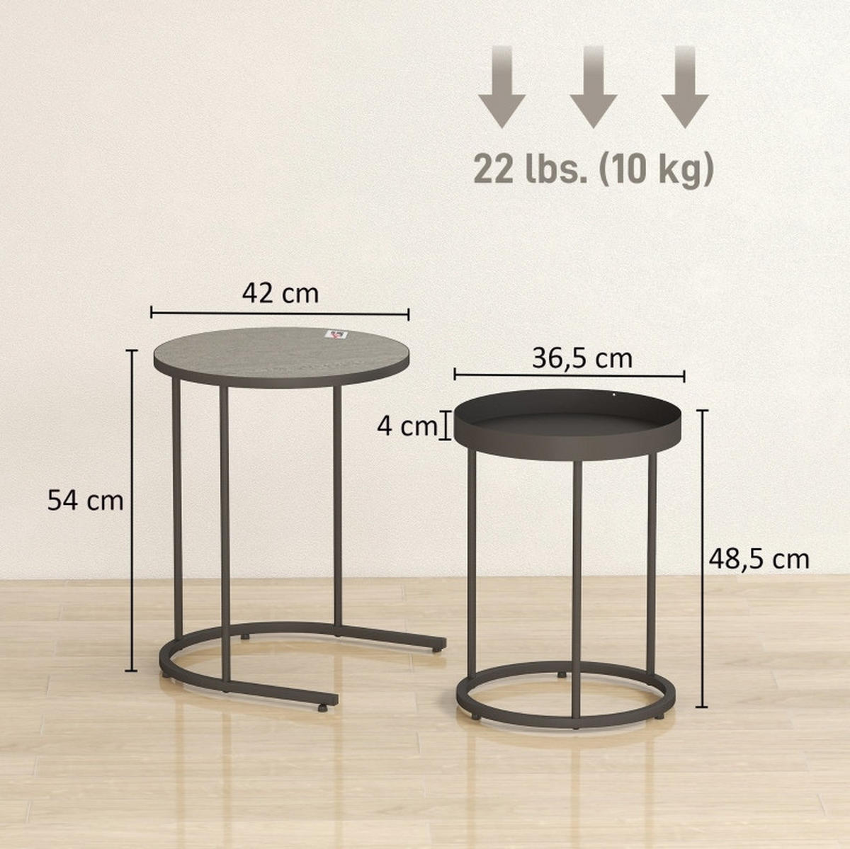 COUCHTISCH-SET 2-teilig 42/36,5 cm mit Ablagekante in Grau/Schwarz - Grau, Metall (42/42/54cm) - BEAOK