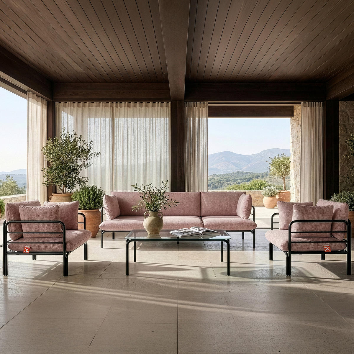 GARTENSOFA RAMBE 3-Personen mit Kissen, Anthrazit - Anthrazit/Rot, Textil/Metall (225/80/80cm) - KONSIMO®