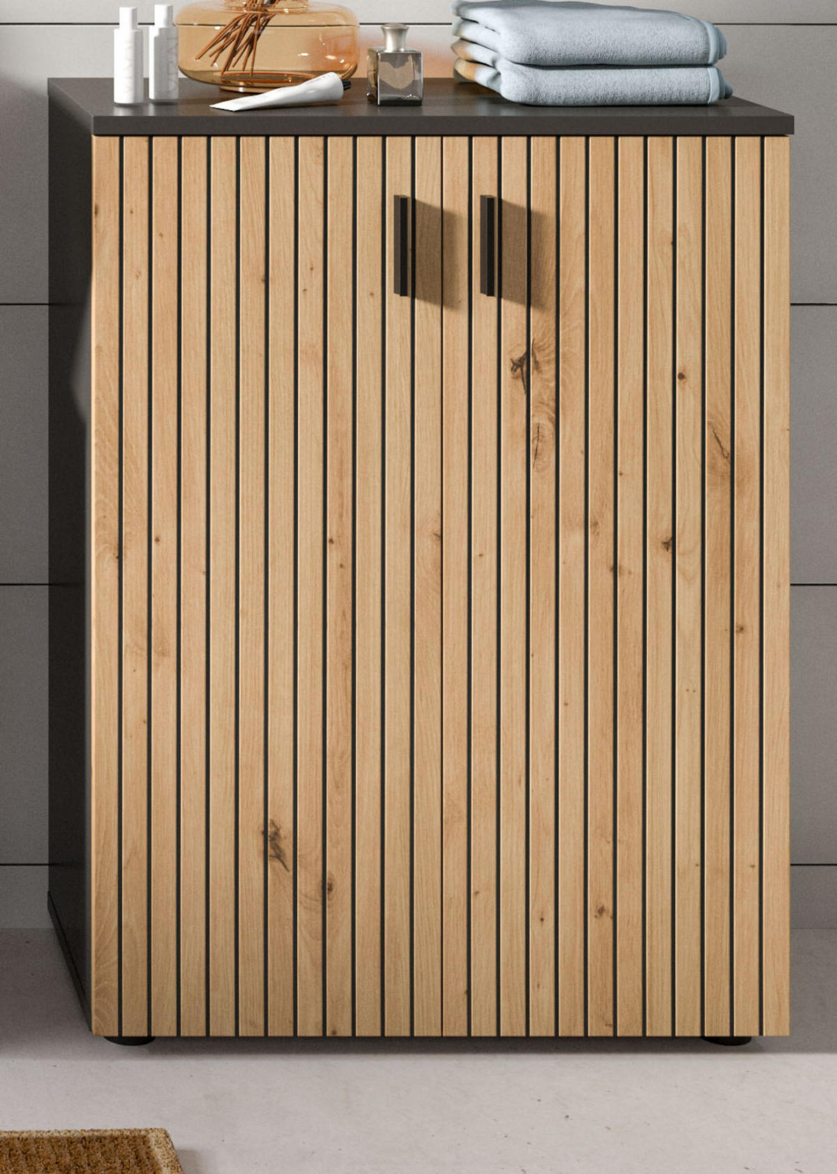 KOMMODE Eiche, grau 60 cm, Badschrank mit Rillen-Optik - Schwarz/Eiche Artisan, Holzwerkstoff/Kunststoff (60/81/30cm) - Inn.Furn