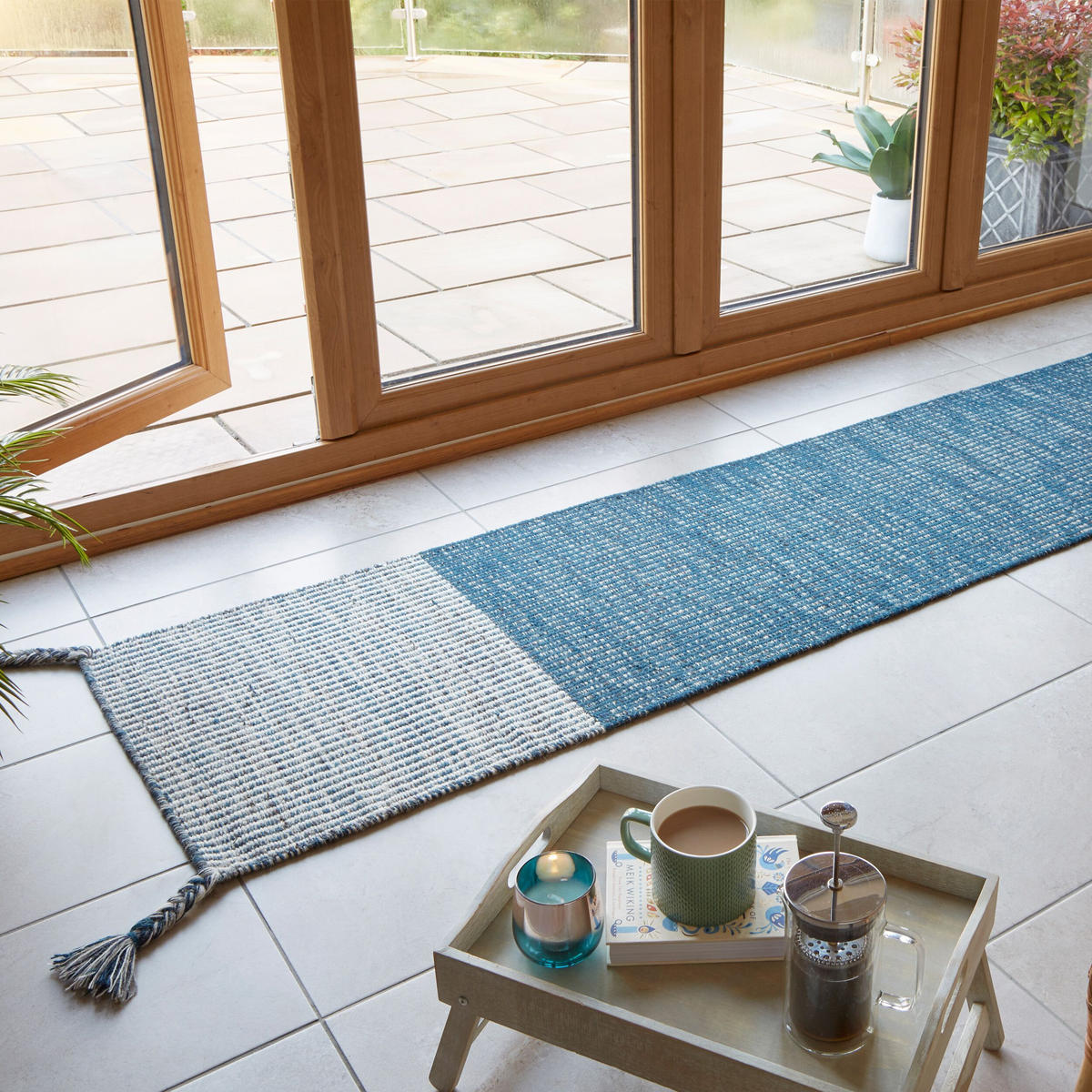 TEPPICH Kurzflor Gestreift, Zweifarbig, mit Fransen wendbar, Flur schmutzabweisend Blau Läufer 60x200 - Blau, Textil (60/200cm) - KADIMA DESIGN