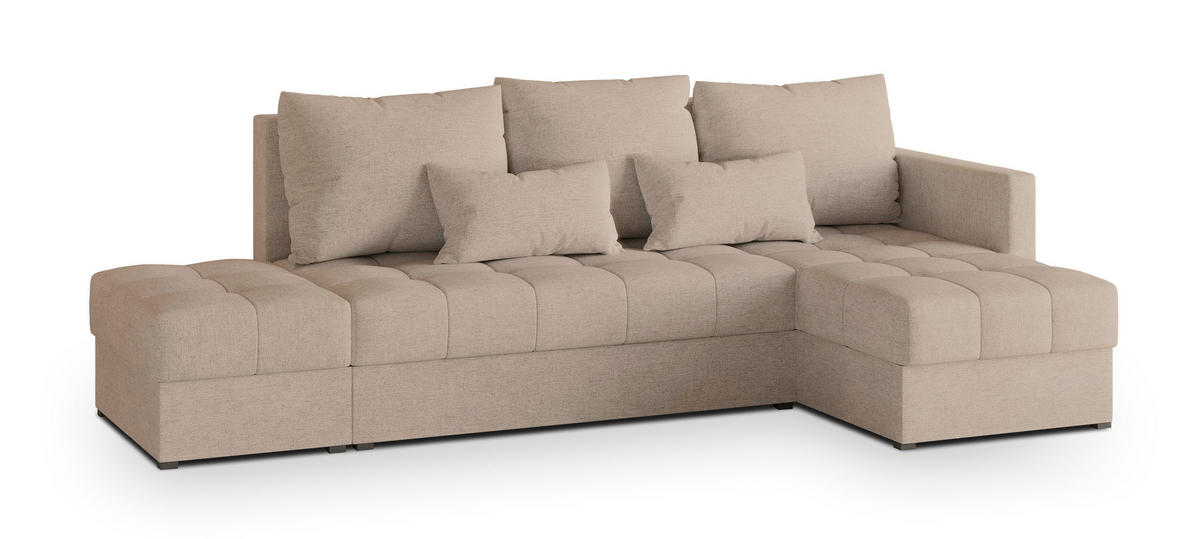 ECKSOFA LUMARI R-S Beige Plüsch-Stoff mit Schlaffunktion - Beige, Holz (262/143cm) - MASSENO