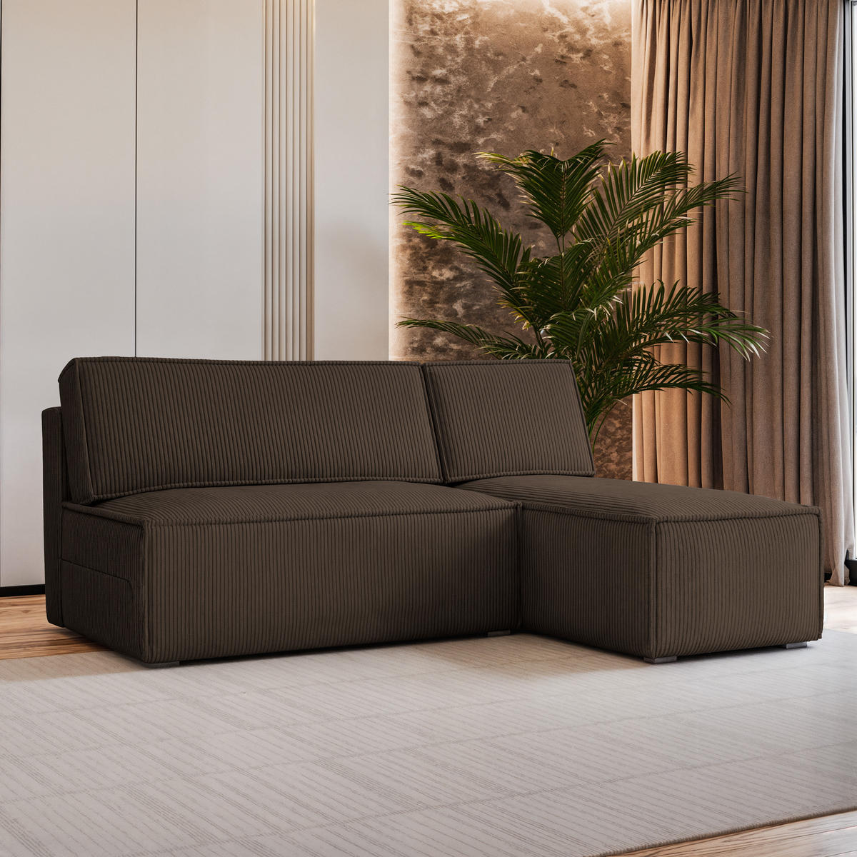 ECKSOFA BRISO P Braun Kordstoff mit Schlaffunktion - Braun, Holz (200/140cm) - MASSENO
