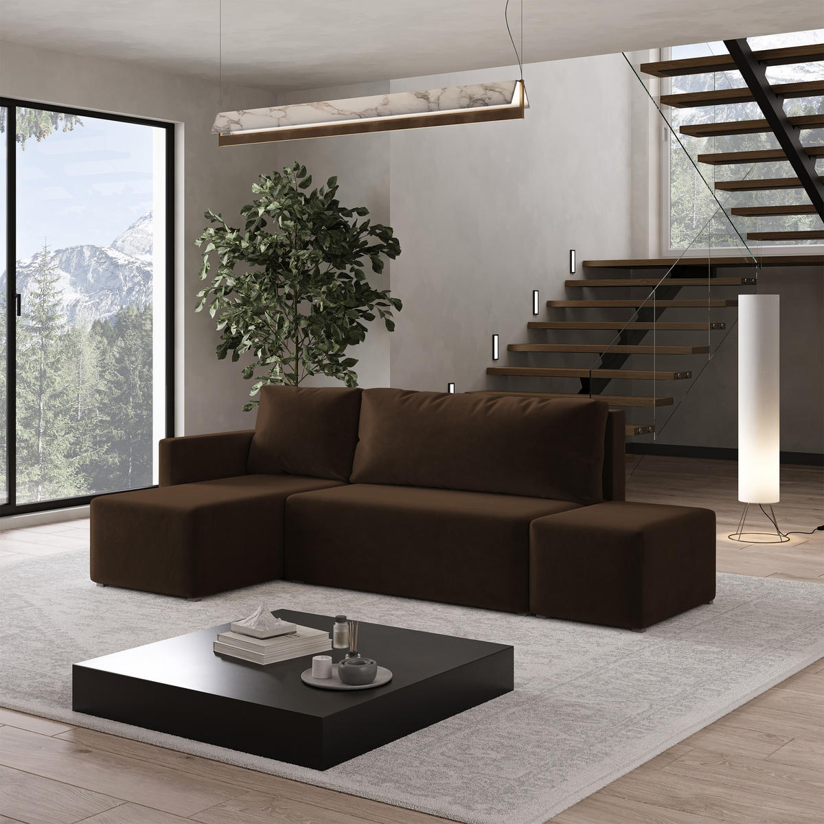 ECKSOFA VELOTTI L-S Braun Plüsch-Stoff mit Schlaffunktion - Braun, Holz (261/143cm) - MASSENO