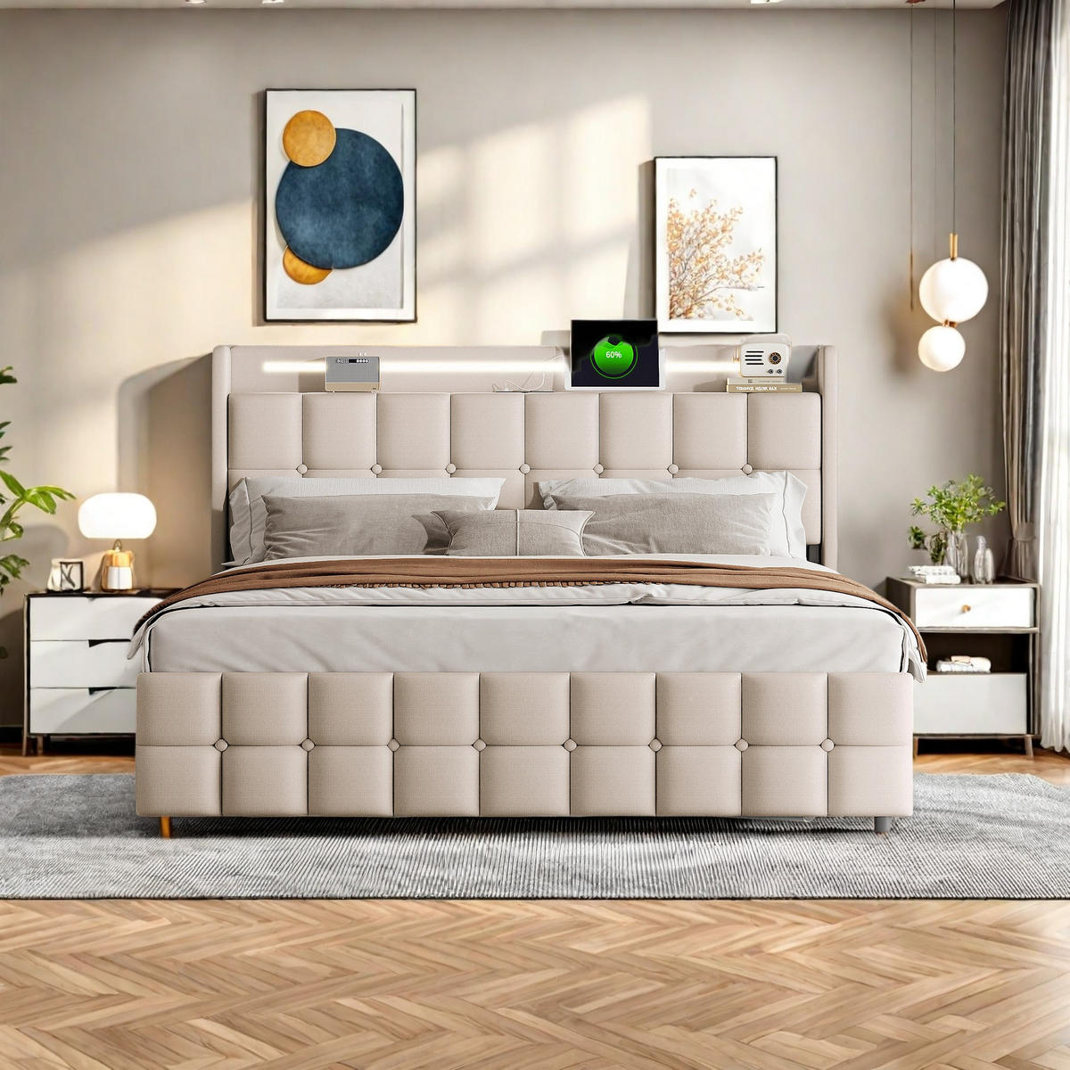 ČALÚNENÁ posteľ béžová 140x200 cm LED - béžová, kov (140/200cm) - SHOPENTRA