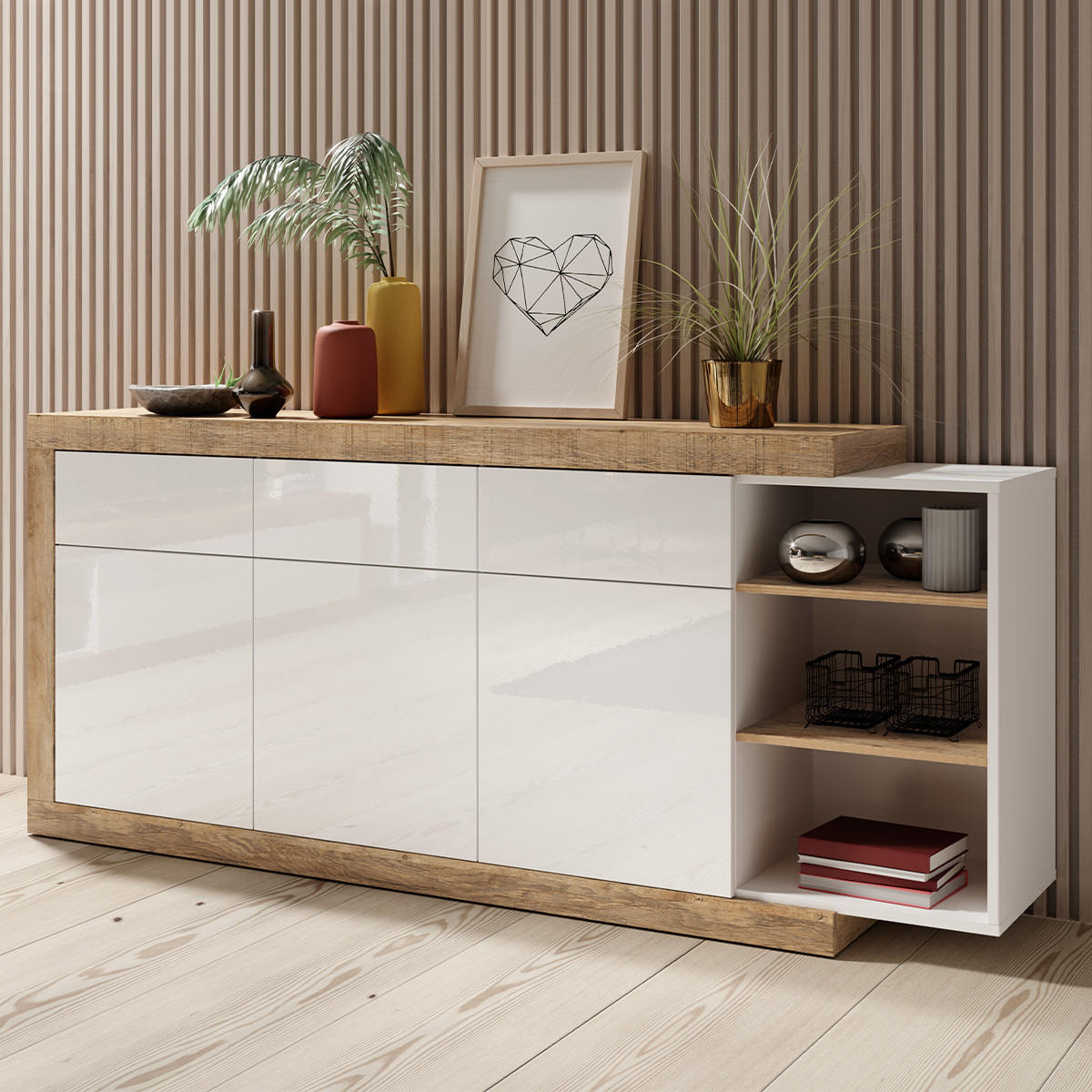 SIDEBOARD Azior Weiß und Holz - Weiß, Holzwerkstoff (200/85.7/40cm) - Petits-meubles