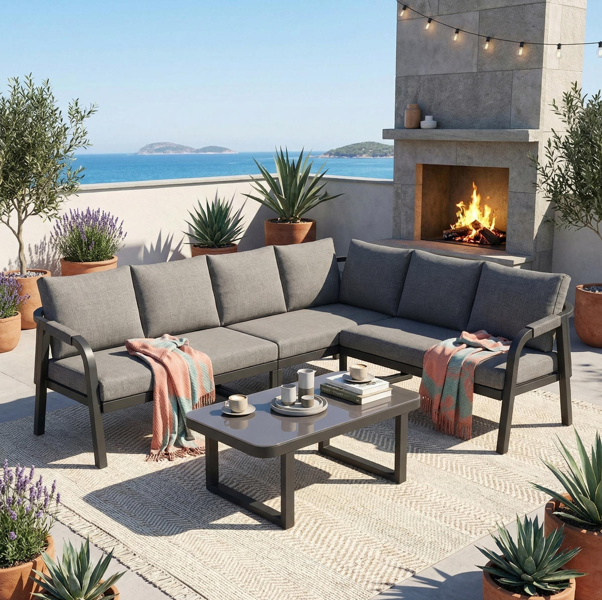 GARTENMÖBEL-SET 240/183/83 cm grau aus Stahl und Polyester für bis zu 6 Personen - Grau, Metall - OKWISH