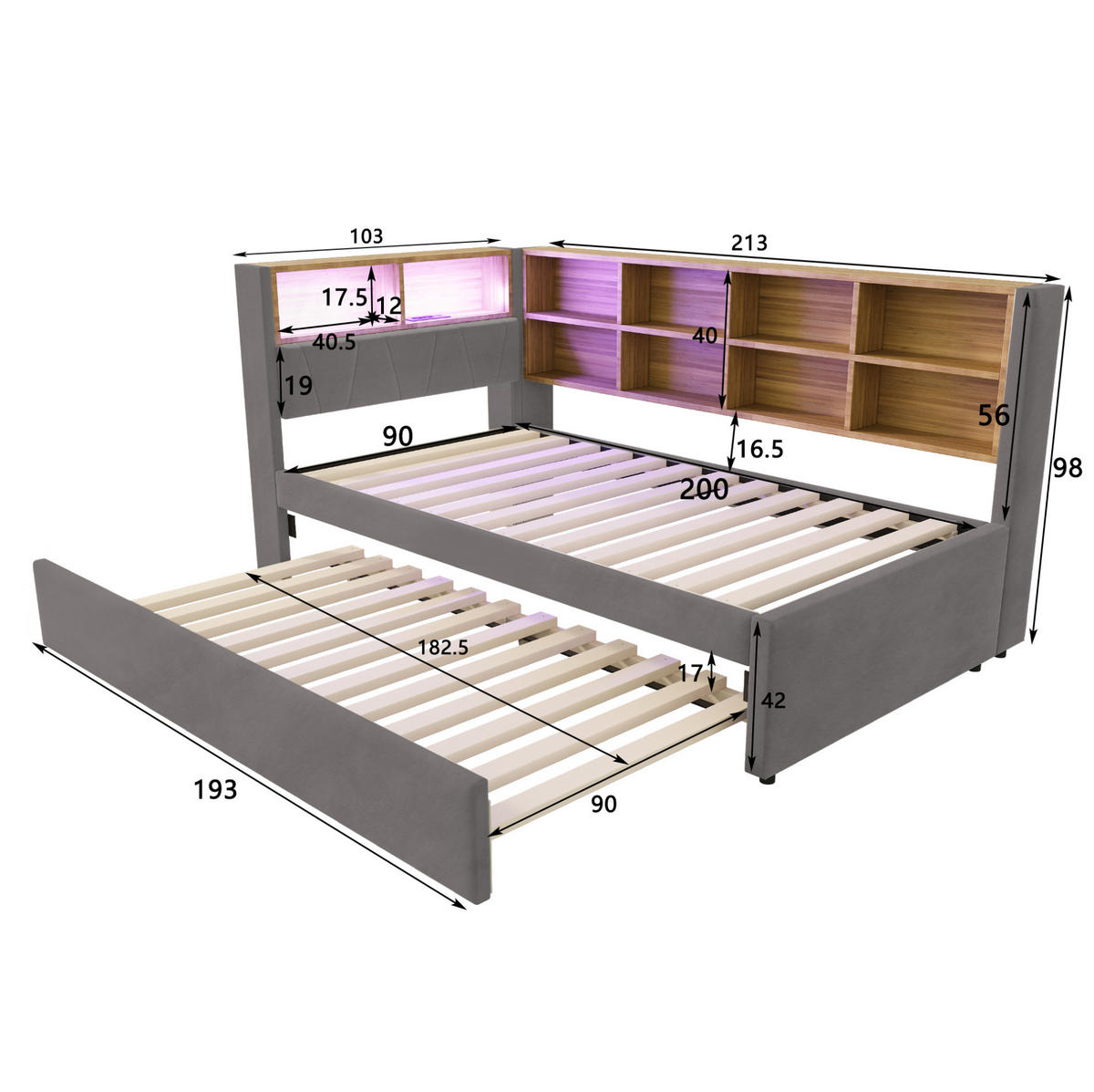 BETT aus Flanell 90x200 cm Dunkelgrau mit Ausziehbett, LED, Ladeanschlüssen und Stauraum - Dunkelgrau, Textil (90/200cm) - Modfu