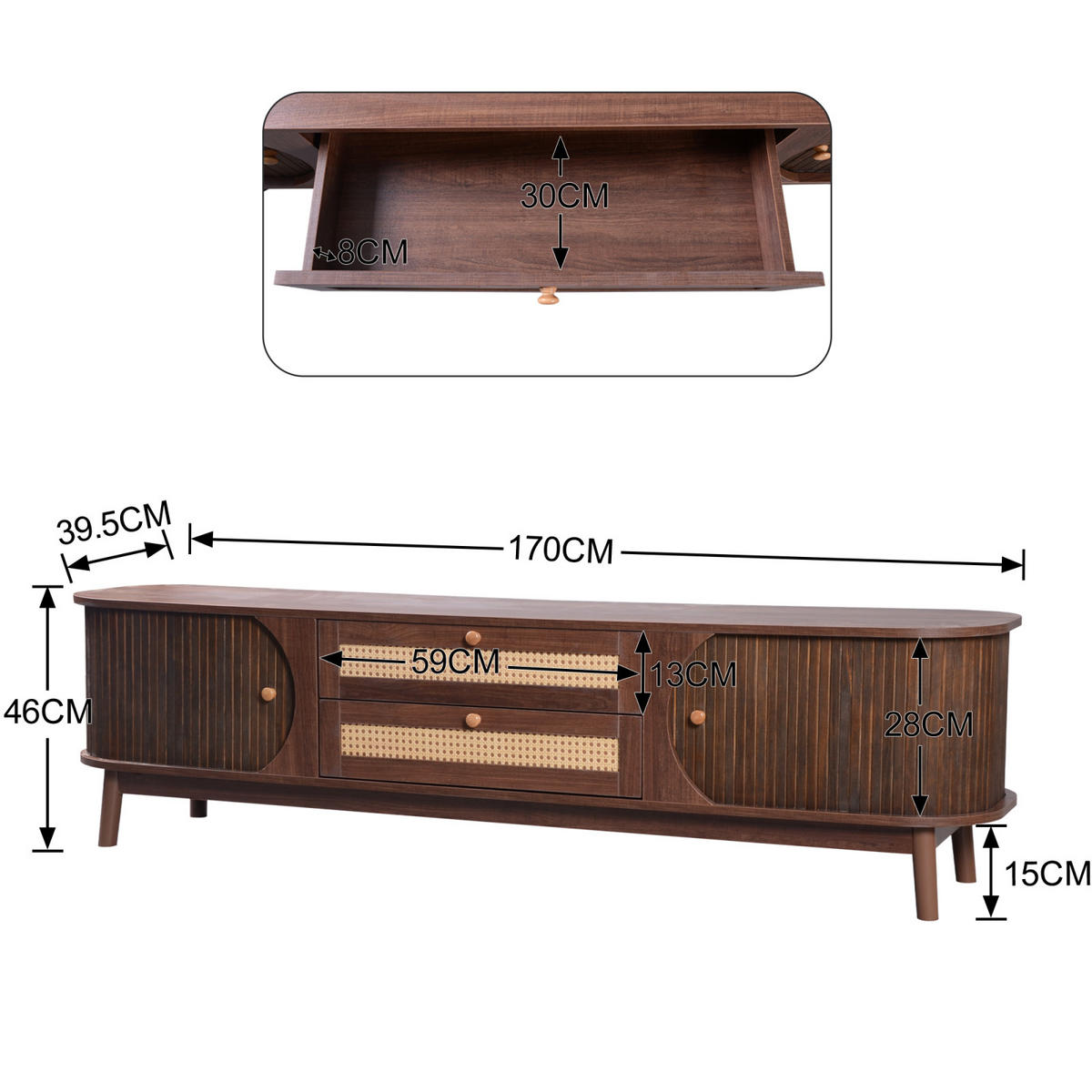 TV Lowboard 170x39,5x46 cm, Massivholz, Rattan - Braun, Holz (170/46/39cm)