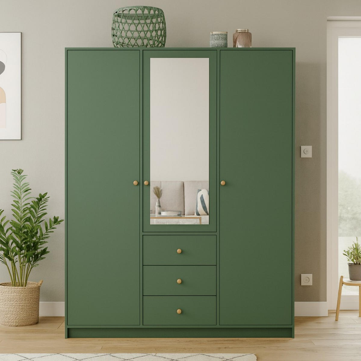 DREHTÜRENSCHRANK Solea Lux mit 3 Türen und 3 Schubladen, Grün - Goldfarben/Grün, Holzwerkstoff (150/200/57.5cm) - Beautysofa