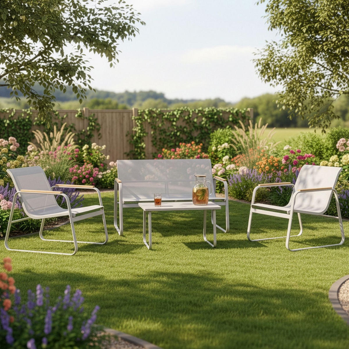 GARTENMÖBELSET Genua mit Armlehnen 4-tlg. Sand - Beige, Metall - Juskys