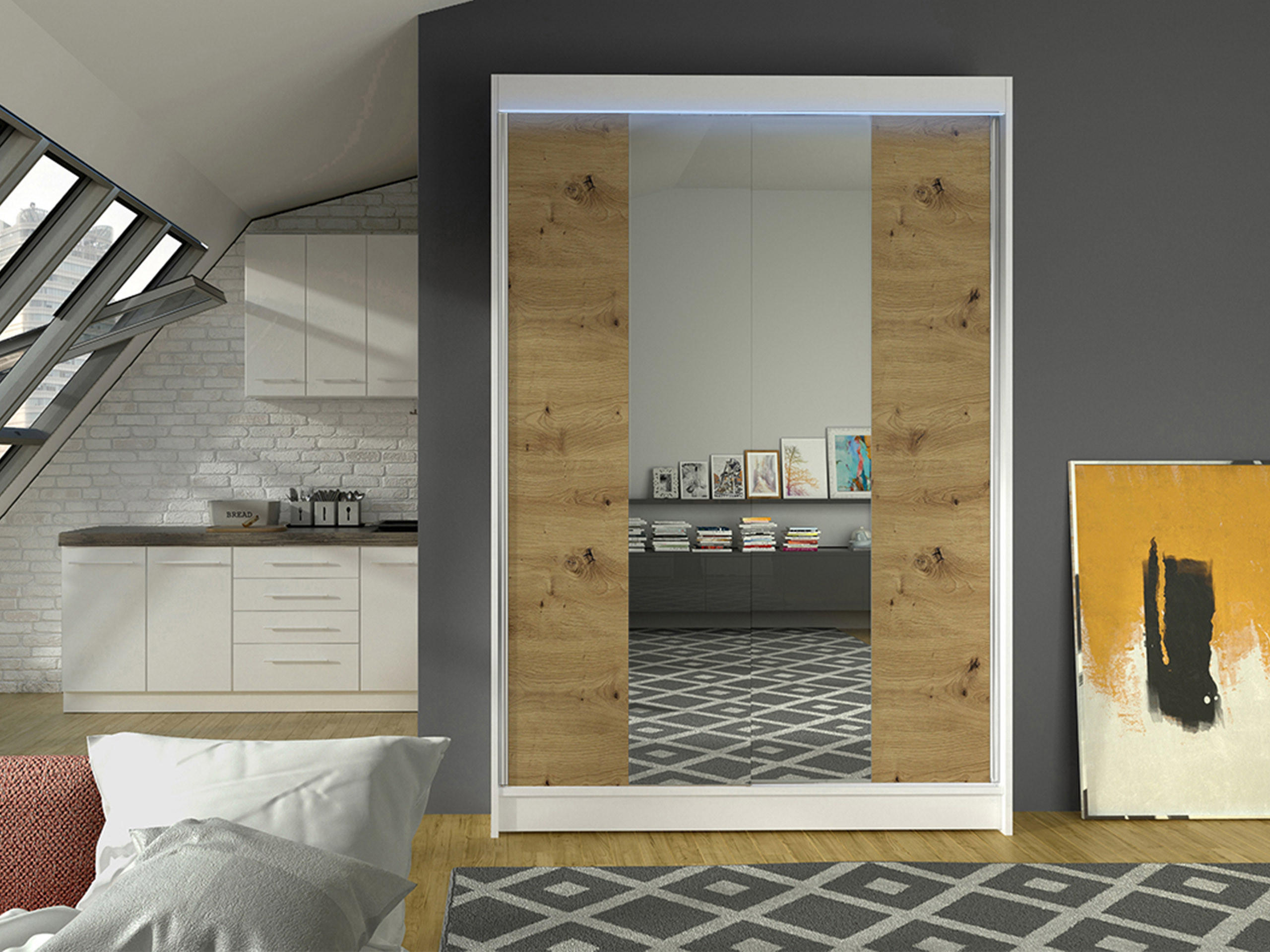 SCHWEBETÜRENSCHRANK Lino II mit RGB LED Beleuchtung - Weiß/Eiche Artisan, Holzwerkstoff/Metall (120/200/58cm) - MIRJAN24