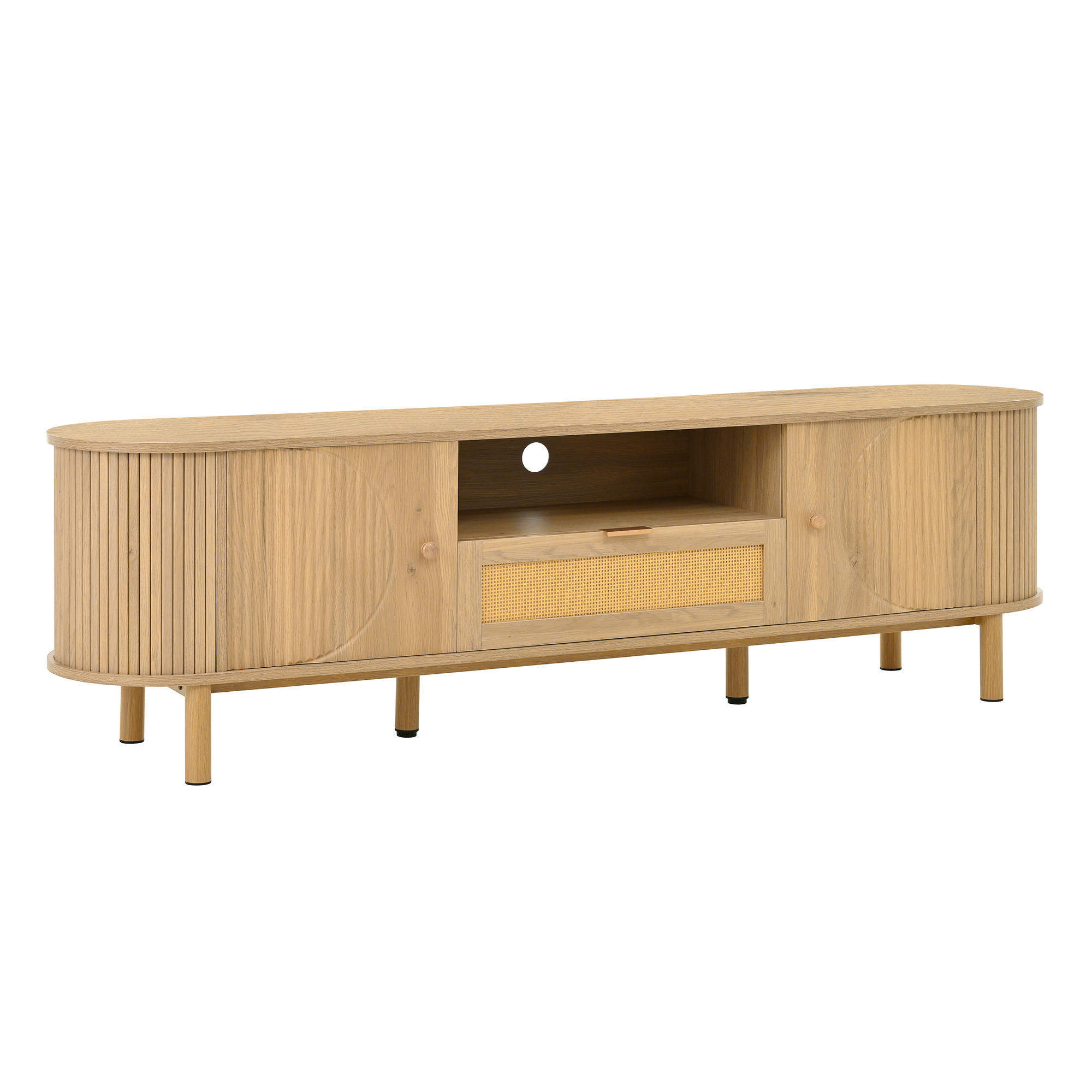 TV-SCHRANK 175 cm Natur Holzoptik mit Rattan-Schublade, Runddesign & offenen Fächern - Naturfarben, Holzwerkstoff (175/51/36cm) - Urban Meuble