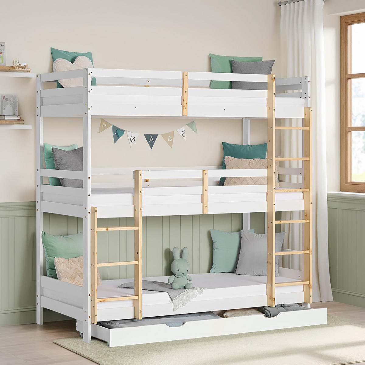 ETAGENBETT 90/200 cm Weiß Natur für 3 Kinder - Weiß, Holz (90/200cm) - Homestyle4u