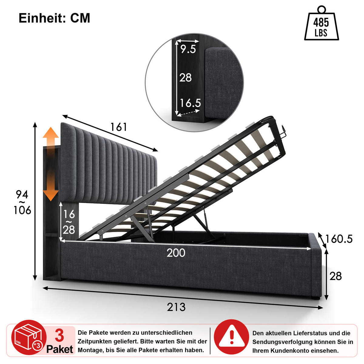 ČALOUNĚNÁ POSTEL 160 × 200 cm v šedém lnu s úložným prostorem, LED osvětlením a USB - šedá, kov/kompozitní dřevo (160/200cm) - WISHDOR