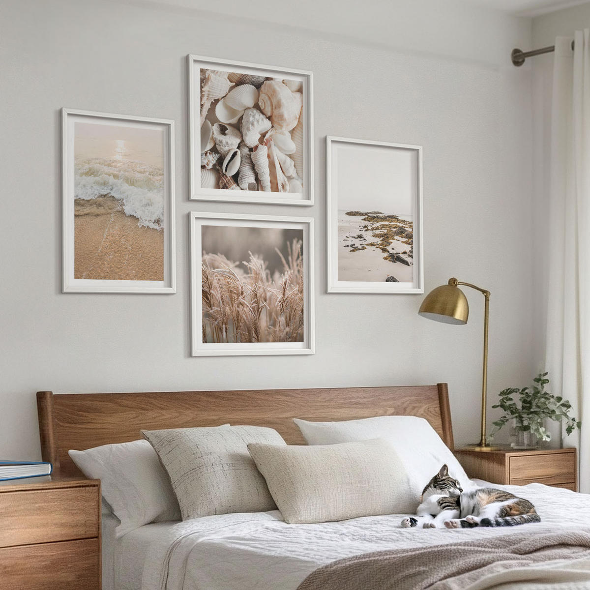 WANDBILDER 4er-Set - 50x50 cm & 40x60 cm Weißer Rahmen - Strandgras, Wellen, Steine, Boho-Stil - Weiß, Kunststoff (50/50cm) - ArtPrintCave