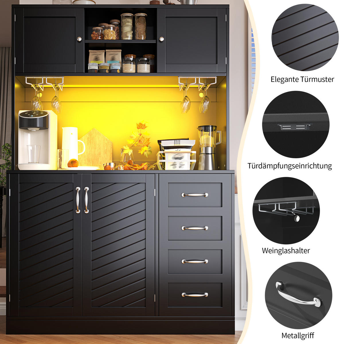 KÜCHENSCHRANK LED 120x40x188Cm 4 Türen 2 Schubladen Grün - Schwarz, Holzwerkstoff (120/188/40cm) - FLIEKS