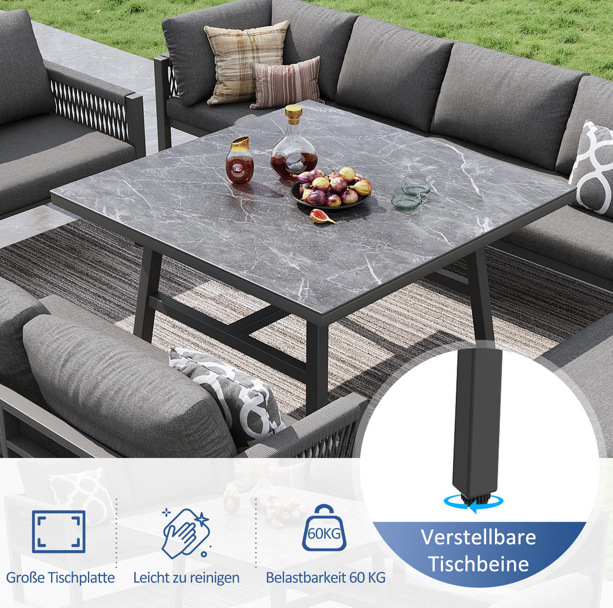 GARTENLOUNGE-SET, Eisen mit Marmorglas-Tisch, modular für 8 Personen, 118/61/80 cm, Grau - Grau, Metall - Redom