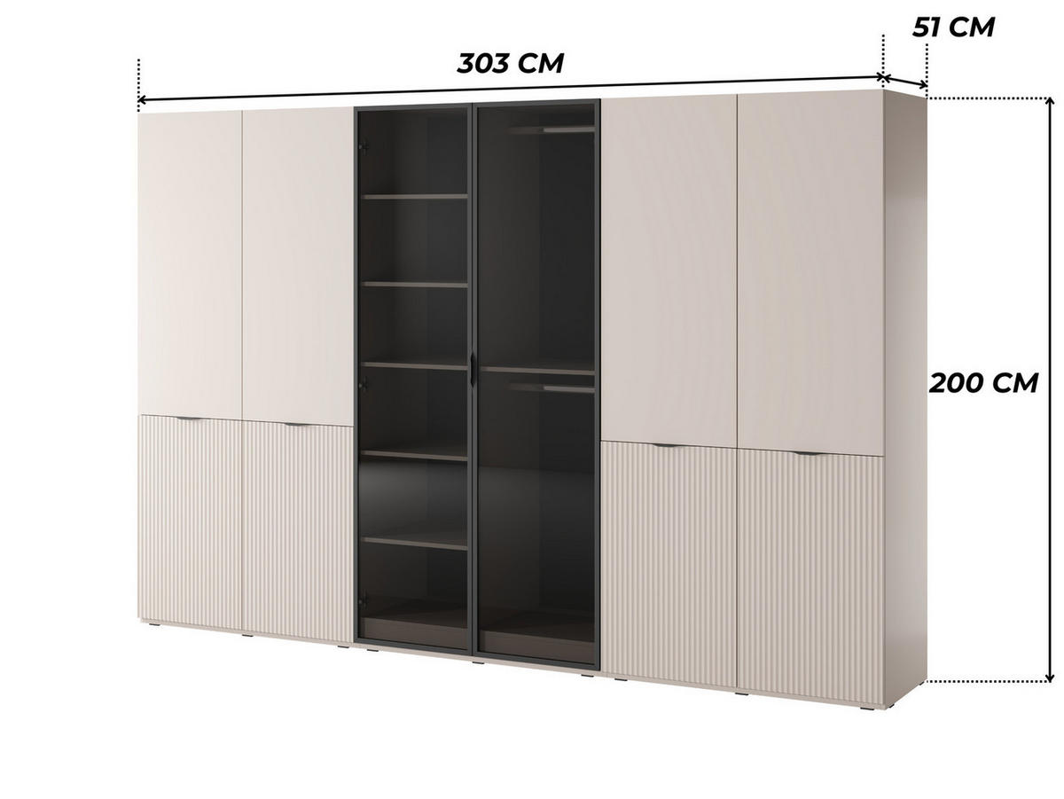 KLEIDERSCHRANK ZEN (Modular, Cashmere Matt, Cashmere & Getöntes Glas Antisol, 6-türig) - Kaschmir/Schwarz, Holz/Holzwerkstoff (303/200/51cm) - Ravio
