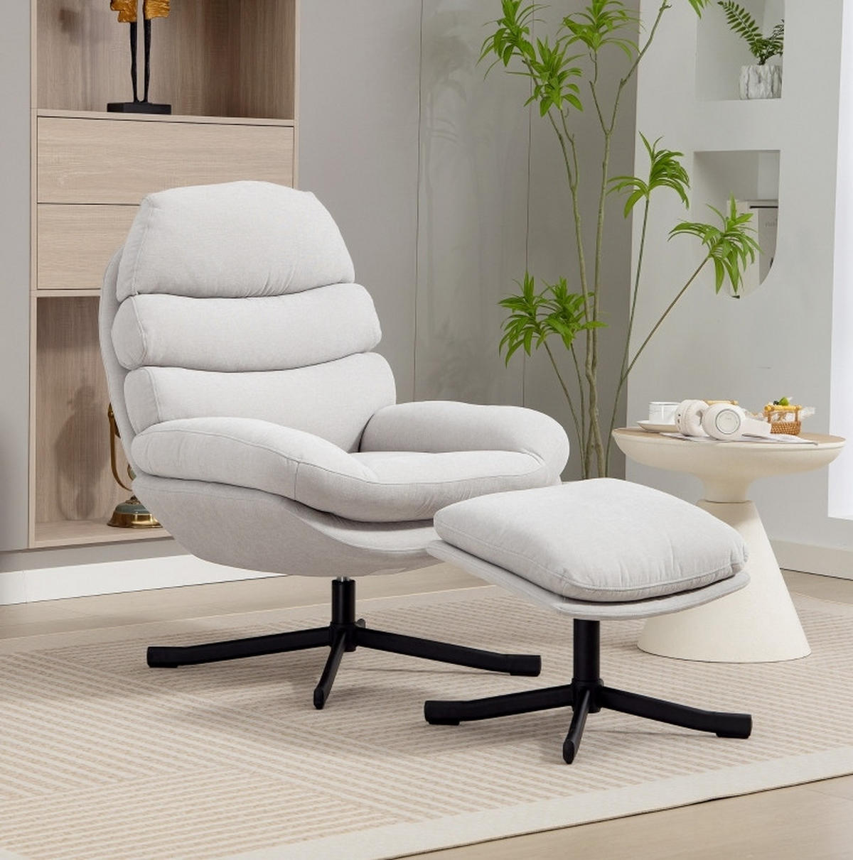 RELA/AČNÉ kreslo s taburetom, 78/93/100 cm, polyester krémovobiele, otočné - krémová, textil (78/100/93cm) - BEAOK