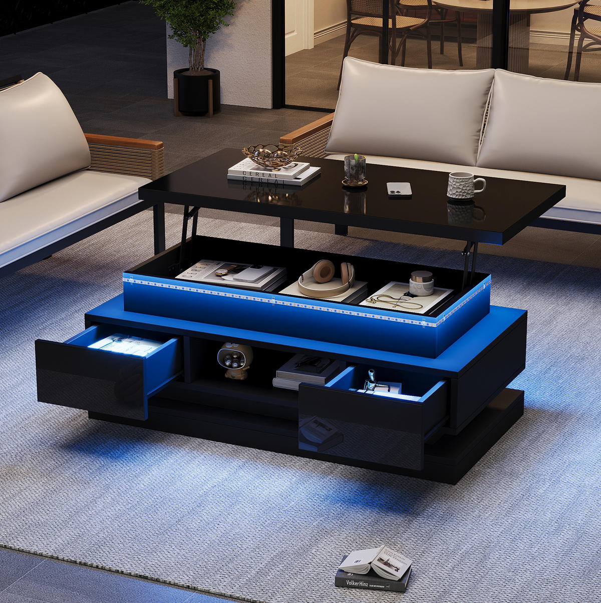 COUCHTISCH 100/50/40 cm höhenverstellbar mit LED-Beleuchtung, USB-Anschluss und 2 Schubladen, Schwarz - Schwarz, Holzwerkstoff (100/50/40cm) - Redom