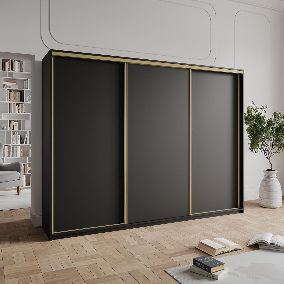 SCHWEBETÜRENSCHRANK NISSE 250/205/60 cm 3-türig mit Schubladen Schwarz - Goldfarben/Schwarz, Holzwerkstoff (250/205/60cm) - MASSENO