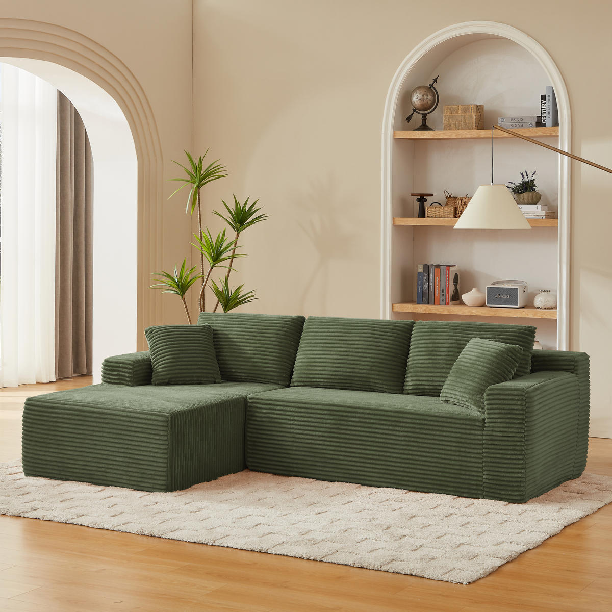 ECKSOFA Cord Grün mit Kissen - Grün, Textil (252.5/163cm) - WISHDOR