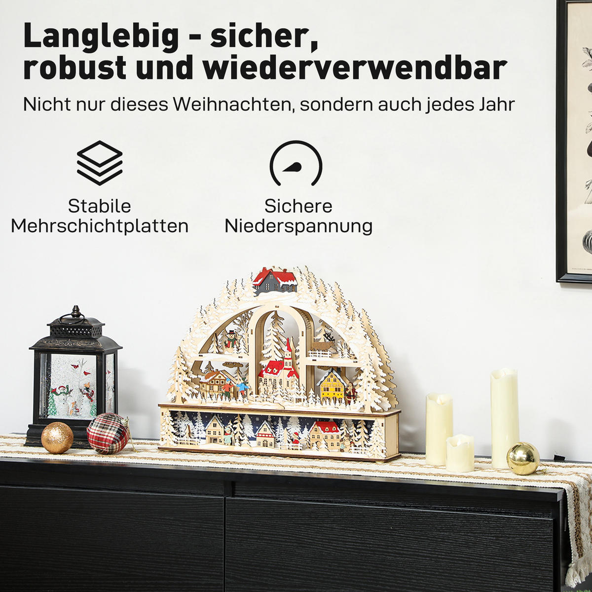 WEIHNACHTSDORF mit LED-Leuchtung, 45 cm Weihnachtsstadt mit Schneemann Renntier - Naturfarben, Holzwerkstoff (10/35/45cm) - HOMCOM